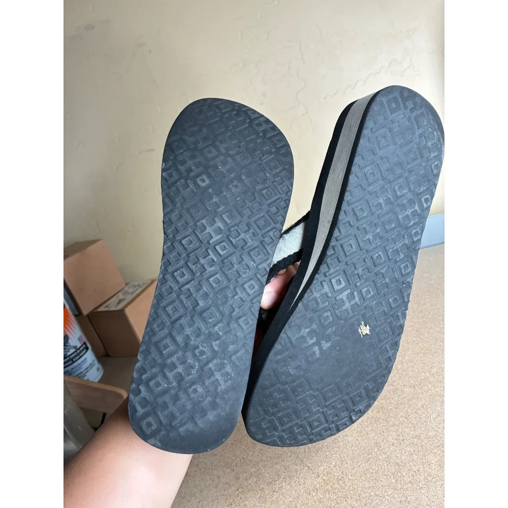 Tory Burch Platform Flip Flop Sandals Black White Striped Wedge Medallion Sz 8